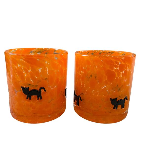 Halloween CAT Inlay Double Old Fashioned Glass Set of 2 Spooky Orange New - Picture 9 of 10